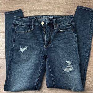 American Eagle Outfitters Dark Indigo Skinny Jeans with Distress